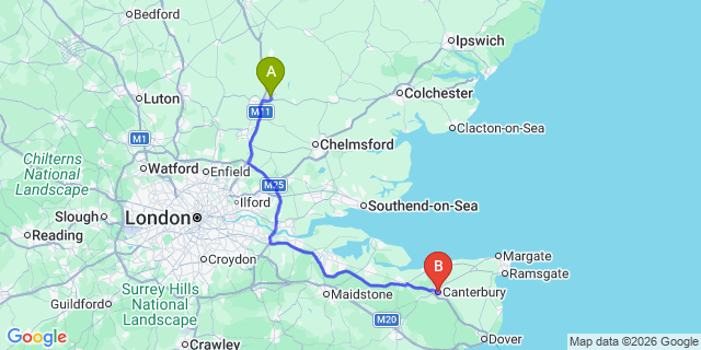 Map: London Stansted Airport (STN) to Canterbury