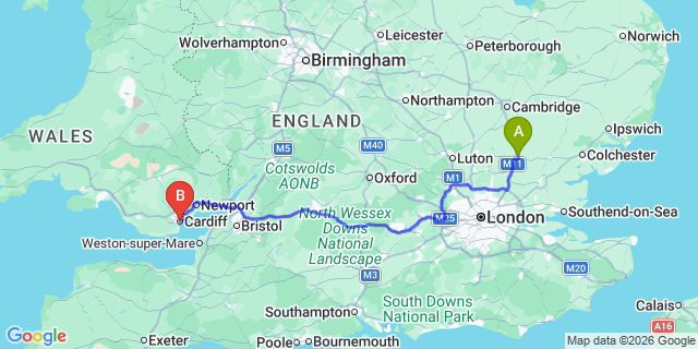 Map: London Stansted Airport (STN) to Cardiff