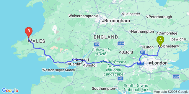 Map: London Stansted Airport (STN) to Cardigan