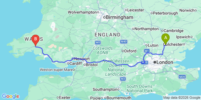 Map: London Stansted Airport (STN) to Carmarthen