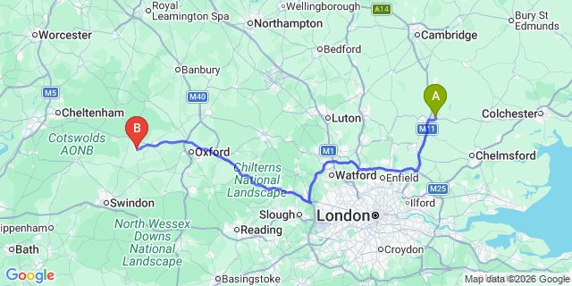 Map: London Stansted Airport (STN) to Carterton