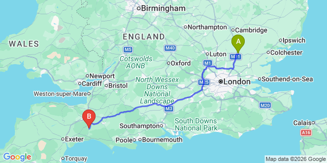 Map: London Stansted Airport (STN) to Chard
