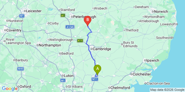 Map: London Stansted Airport (STN) to Chatteris