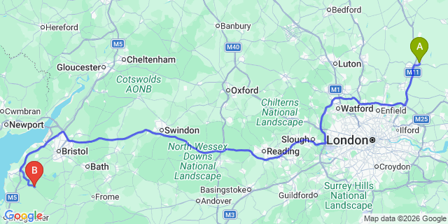 Map: London Stansted Airport (STN) to Cheddar