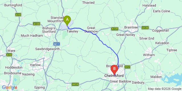 Map: London Stansted Airport (STN) to Chelmsford