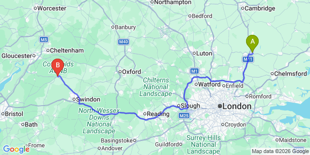 Map: London Stansted Airport (STN) to Cirencester