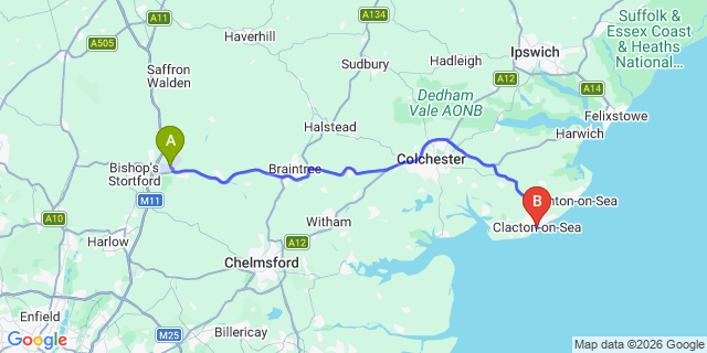 Map: London Stansted Airport (STN) to Clacton-On-Sea