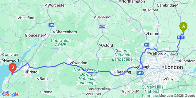 Map: London Stansted Airport (STN) to Clevedon