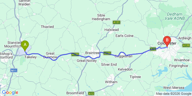 Map: London Stansted Airport (STN) to Colchester