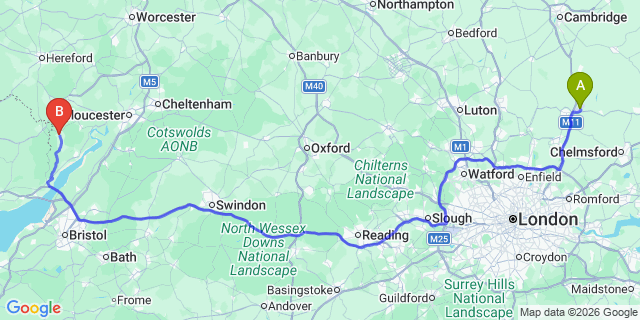 Map: London Stansted Airport (STN) to Coleford