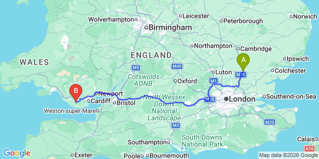Map: London Stansted Airport (STN) to Cowbridge