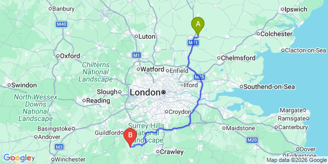Map: London Stansted Airport (STN) to Cranleigh