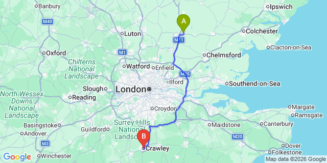 Map: London Stansted Airport (STN) to Crawley