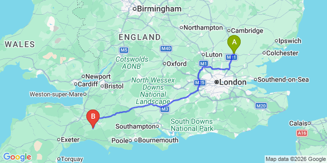 Map: London Stansted Airport (STN) to Crewkerne