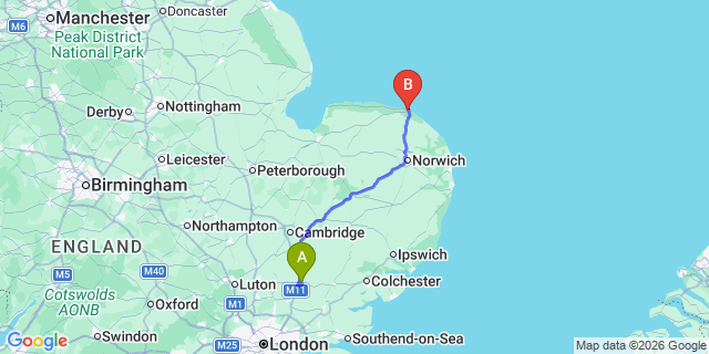 Map: London Stansted Airport (STN) to Cromer