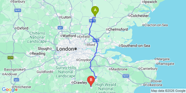 Map: London Stansted Airport (STN) to Crowborough