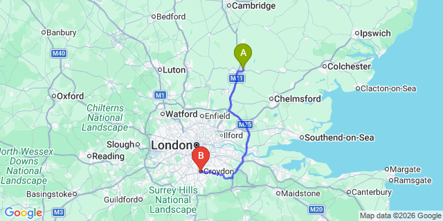 Map: London Stansted Airport (STN) to Croydon
