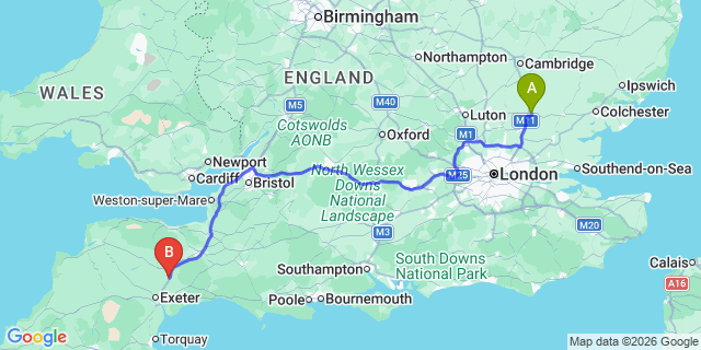 Map: London Stansted Airport (STN) to Cullompton