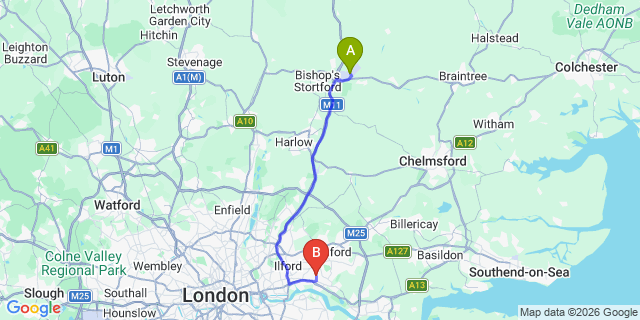 Map: London Stansted Airport (STN) to Dagenham