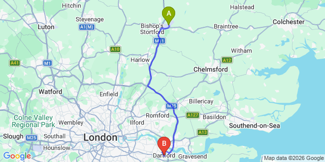 Map: London Stansted Airport (STN) to Dartford