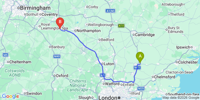 Map: London Stansted Airport (STN) to Daventry