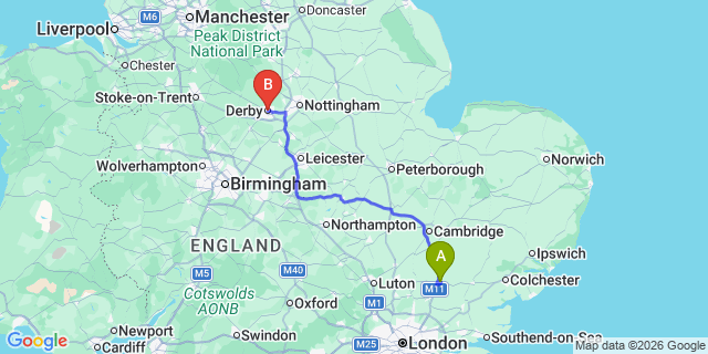 Map: London Stansted Airport (STN) to Derby