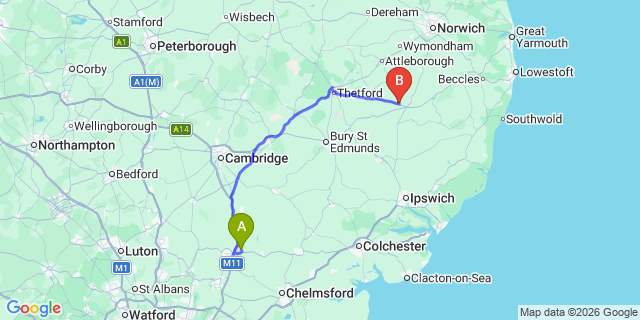 Map: London Stansted Airport (STN) to Diss