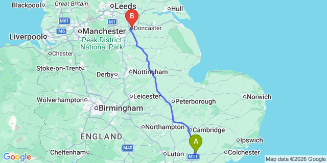 Map: London Stansted Airport (STN) to Doncaster