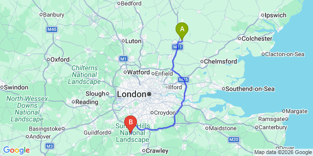 Map: London Stansted Airport (STN) to Dorking