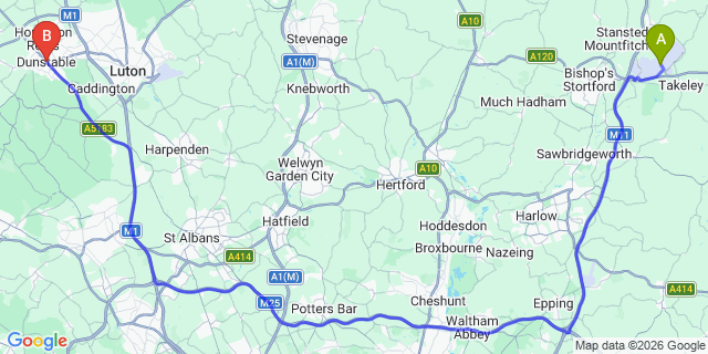 Map: London Stansted Airport (STN) to Dunstable