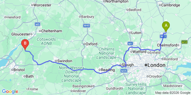 Map: London Stansted Airport (STN) to Dursley