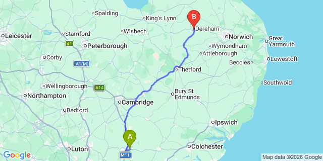 Map: London Stansted Airport (STN) to East Dereham
