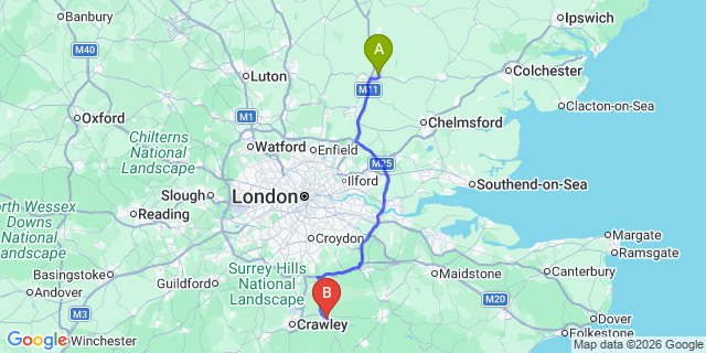 Map: London Stansted Airport (STN) to East Grinstead
