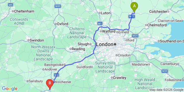 Map: London Stansted Airport (STN) to Eastleigh
