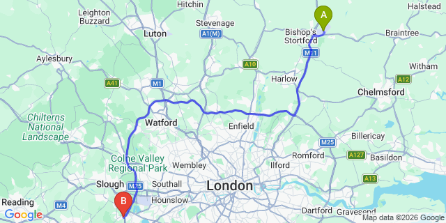 Map: London Stansted Airport (STN) to Egham