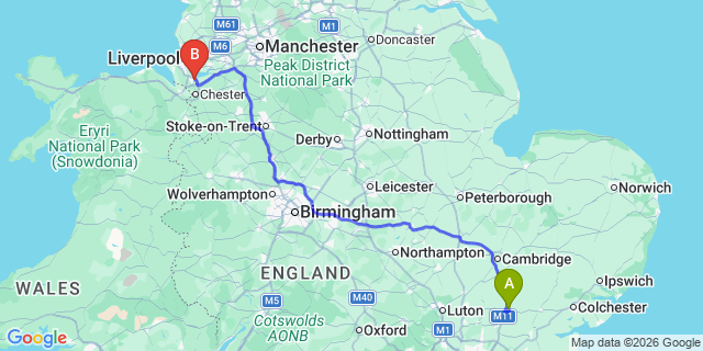 Map: London Stansted Airport (STN) to Ellesmere Port