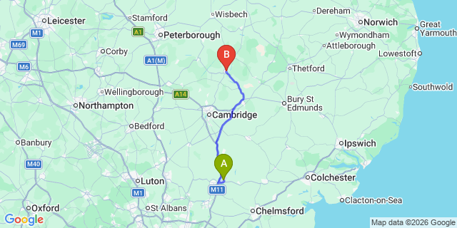 Map: London Stansted Airport (STN) to Ely