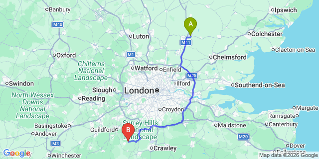Map: London Stansted Airport (STN) to Ewhurst