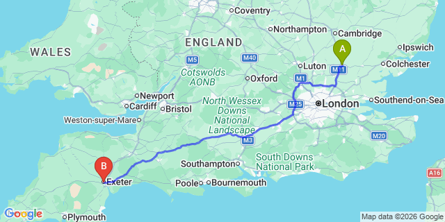 Map: London Stansted Airport (STN) to Exeter