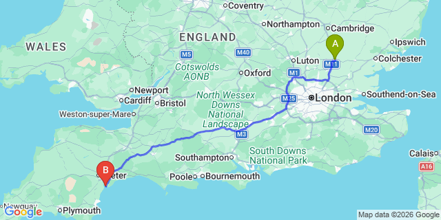 Map: London Stansted Airport (STN) to Exmouth