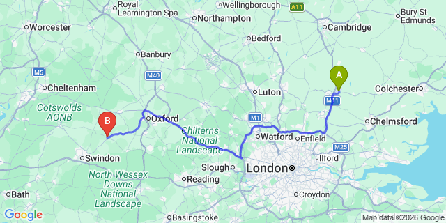 Map: London Stansted Airport (STN) to Faringdon