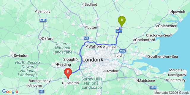 Map: London Stansted Airport (STN) to Farnborough