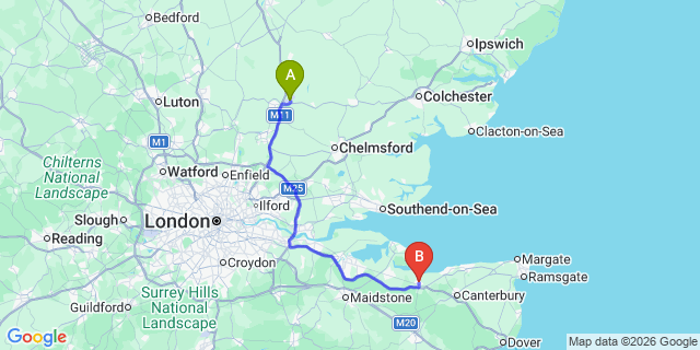 Map: London Stansted Airport (STN) to Faversham