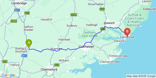 Map: London Stansted Airport (STN) to Felixtowe
