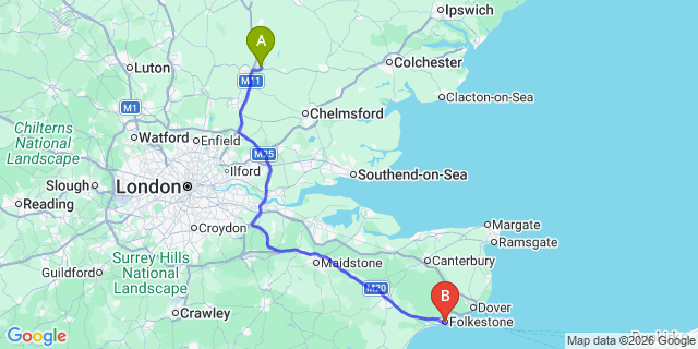 Map: London Stansted Airport (STN) to Folkestone