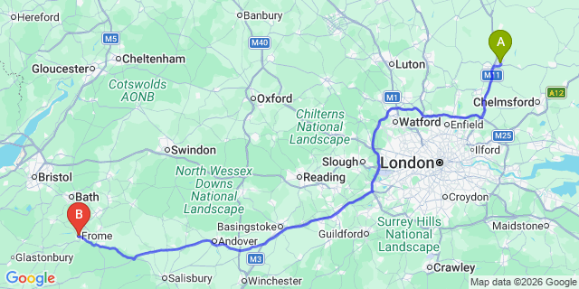 Map: London Stansted Airport (STN) to Frome