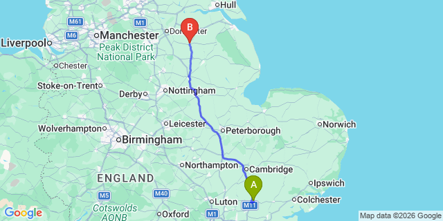 Map: London Stansted Airport (STN) to Gainsborough
