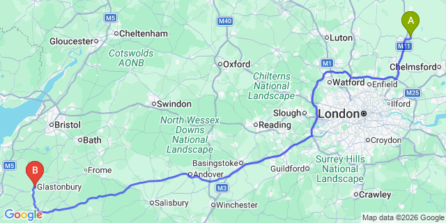 Map: London Stansted Airport (STN) to Glastonbury