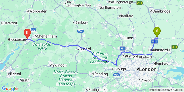 Map: London Stansted Airport (STN) to Gloucester