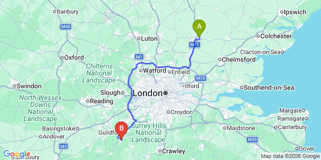 Map: London Stansted Airport (STN) to Godalming